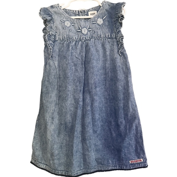Hudson Girls Demin Embroidered Neck Flutter Ruffle Sleeve Blue Dress Size 6 - Picture 1 of 15